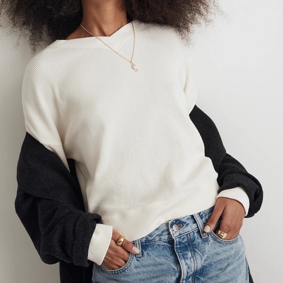 NWOT Madewell Waffle Knit Boxy Sweatshirt Tee in Antique Cream - Picture 2 of 7